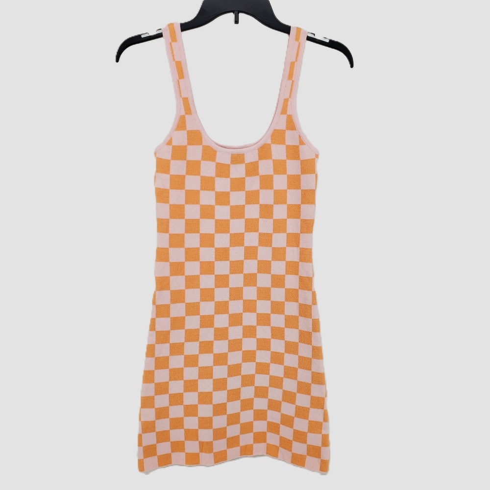 Kendall & Kylie Womens Small Orange Pink Checkered Knit Bodycon Mini Dress - Picture 7 of 9